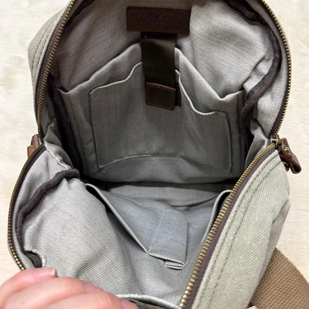 ACACIA Canvas‎ Leather Trim Messenger Bag Crossbody Satchel Khaki Green